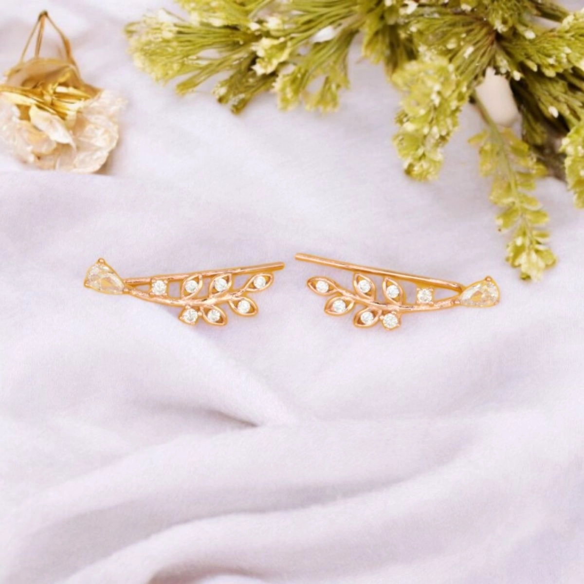 Rose Gold Leaf Climber Earrings – 925 Silver 2 Close up of Rose Gold Leaf Climber Earrings 925 Silver