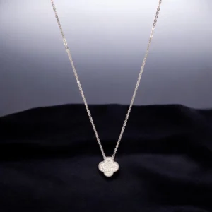 Reversible Pave CZ Clover Necklace – 925 Silver 28 Close up of clear CZs of Reversible Pave CZ Clover Necklace 925 Silver