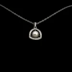 Close up of locket of Modern Pearl CZ Triangle Halo Necklace 925 Silver
