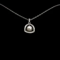Close up of locket of Modern Pearl CZ Triangle Halo Necklace 925 Silver
