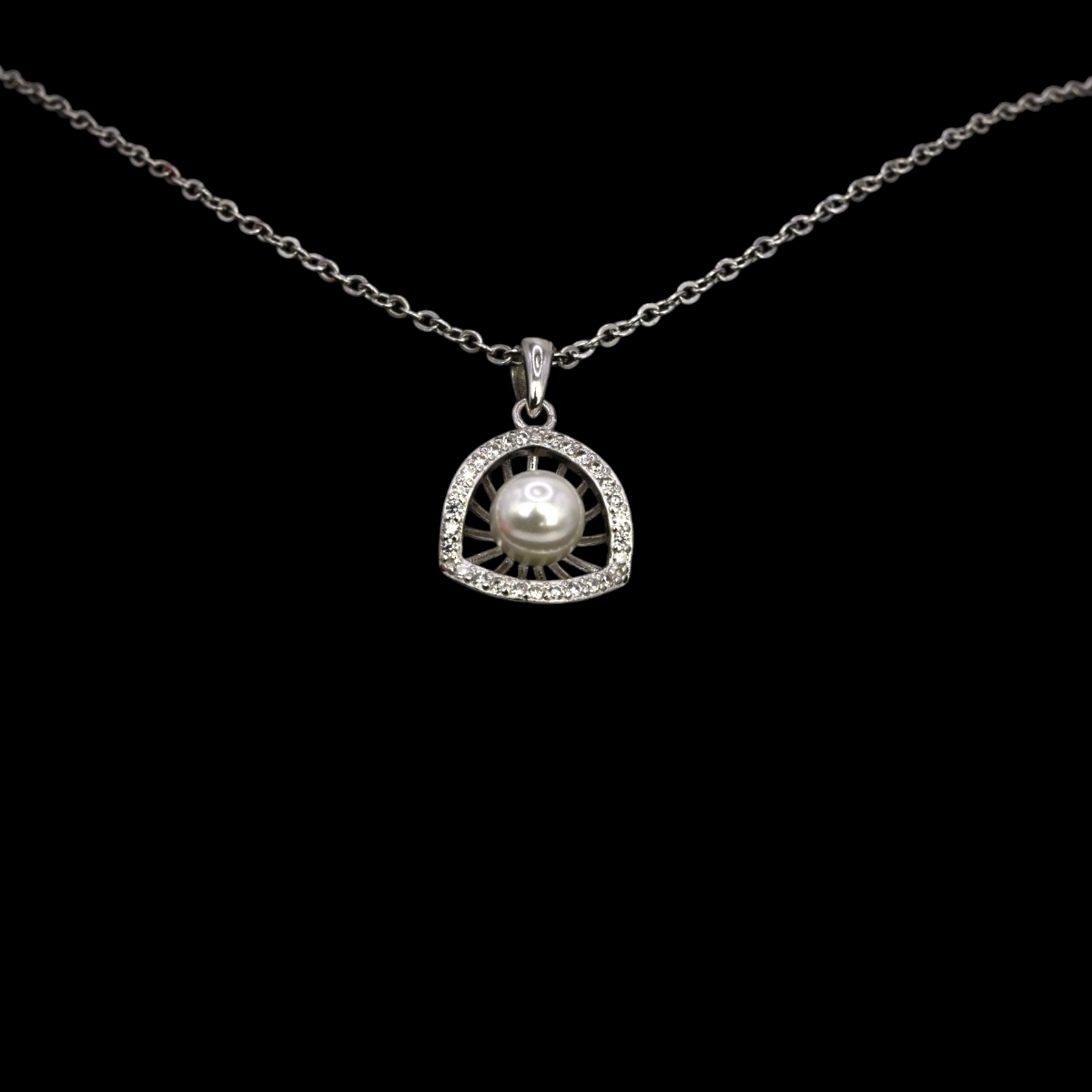 Modern Pearl CZ Triangle Halo Necklace – 925 Silver 1 Close up of locket of Modern Pearl CZ Triangle Halo Necklace 925 Silver