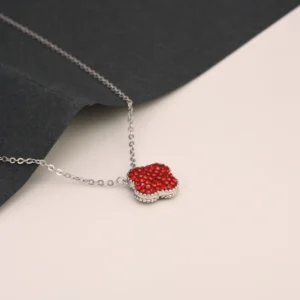 Reversible Red Black Pave Clover Necklace – 925 Silver 29 Close up of red side of Reversible Red Black Pave Clover Necklace 925 Silver