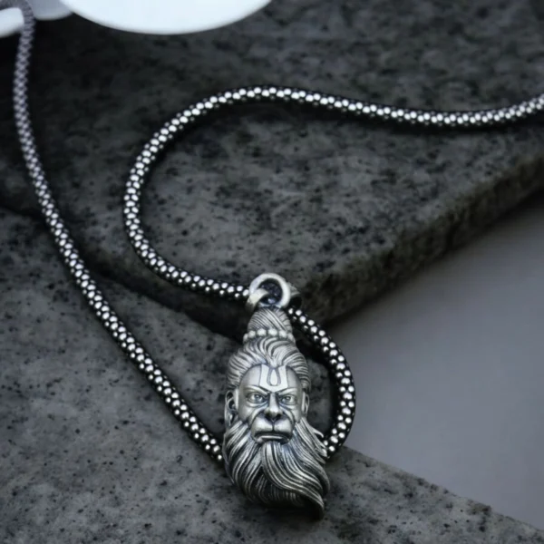 Close up of the locket of Intricate Lord Hanuman Locket with Popcorn Chain 925 Silver