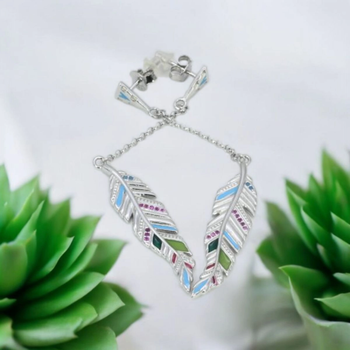Bohemian Multi-Color Leaf Drop Earrings – 925 Silver 1 Close up with locking mechanism on display of Bohemian Multi-Color Leaf Drop Earrings 925 Silver