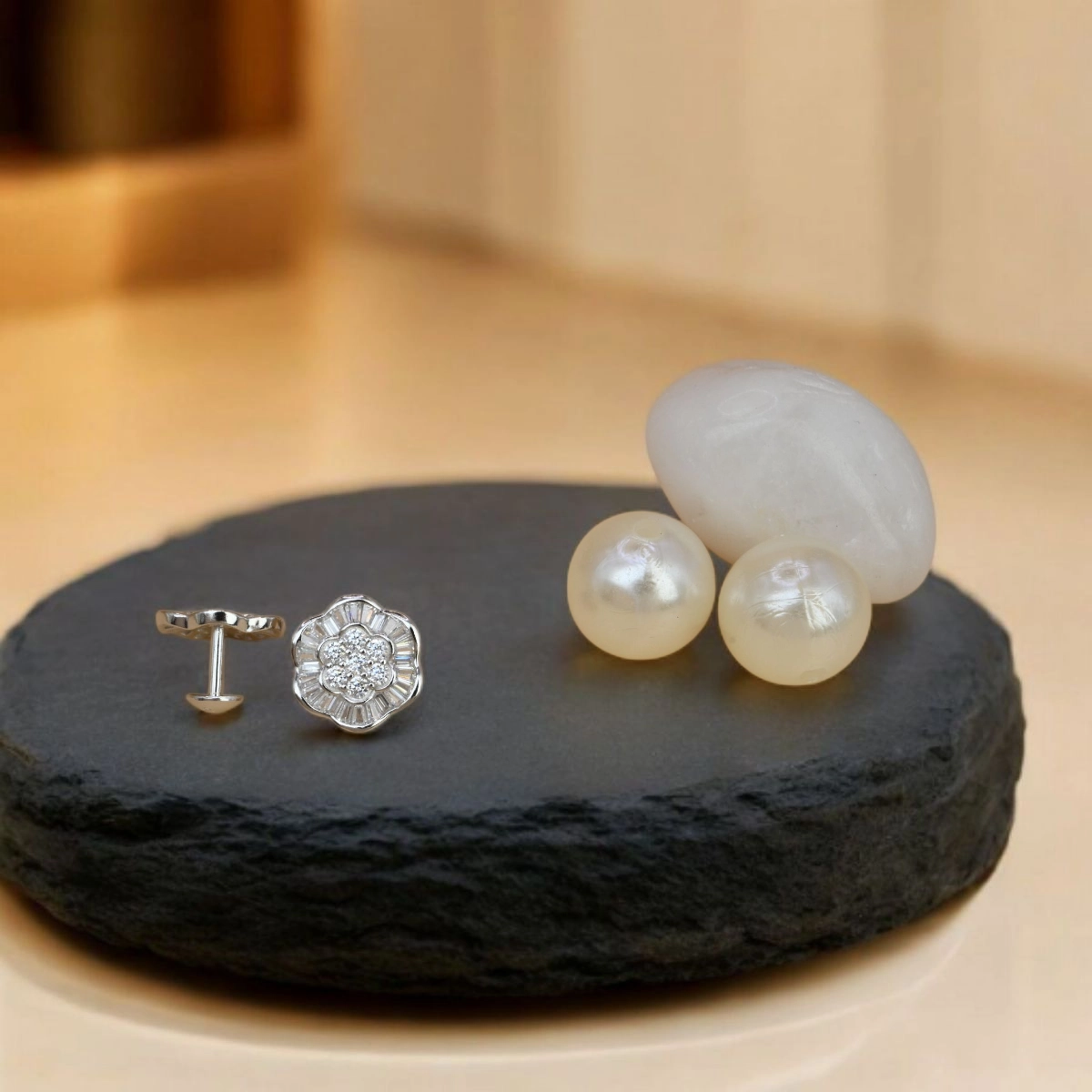 Sparkling Baguette Flower Cluster Stud Earrings – 925 Silver 3 Front view and locking mechanism display of Sparkling Baguette Flower Cluster Stud Earrings 925 Silver