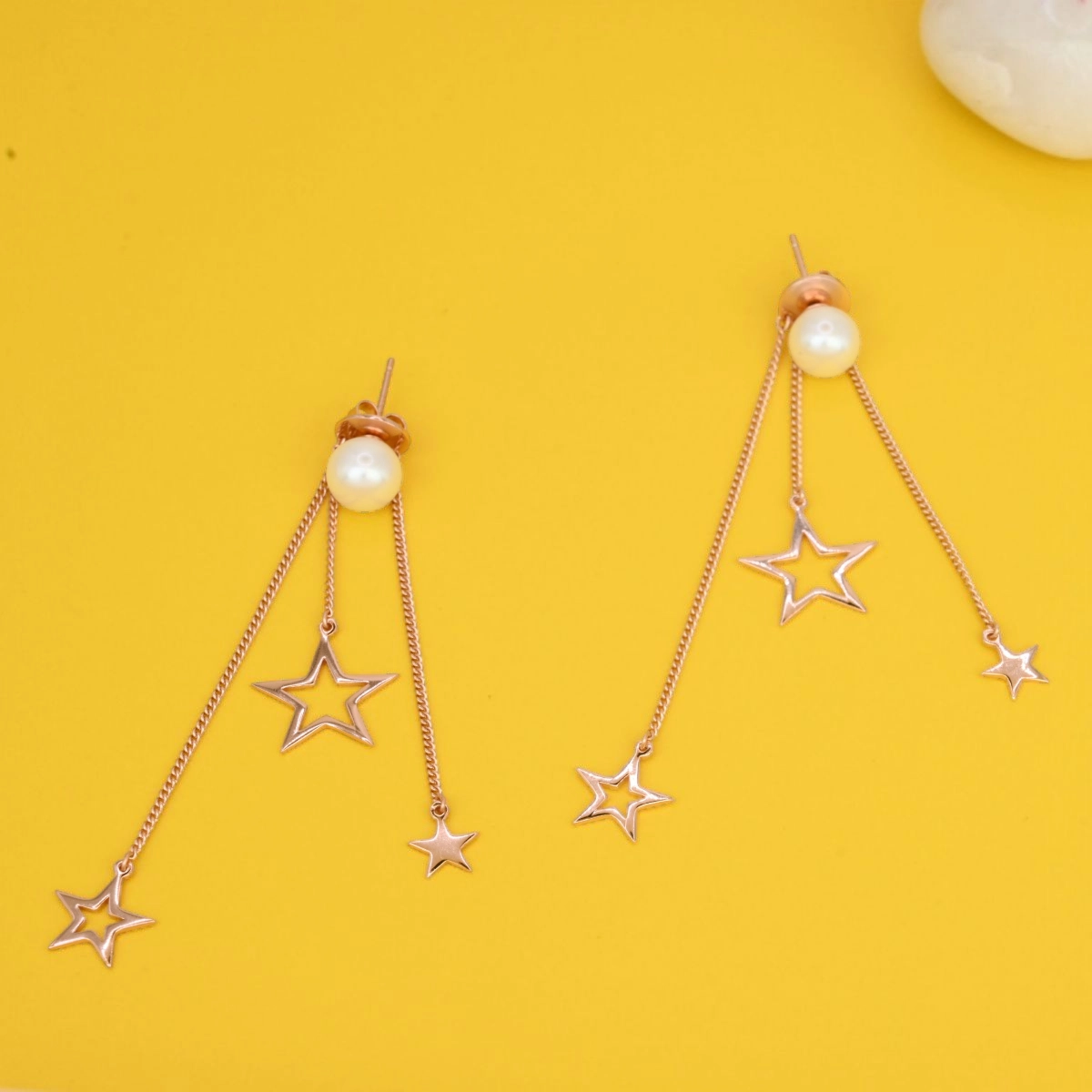 Rose Gold Pearl Star Chain Drop Earrings – 925 Silver 3 Front view of Rose Gold Pearl Star Chain Drop Earrings 925 Silver