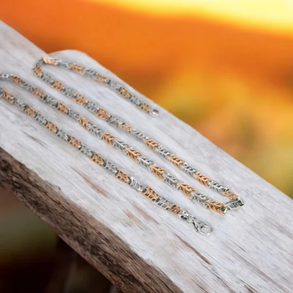 Full length view of Dual-Tone Byzantine Weave Chain Rose Gold and Silver