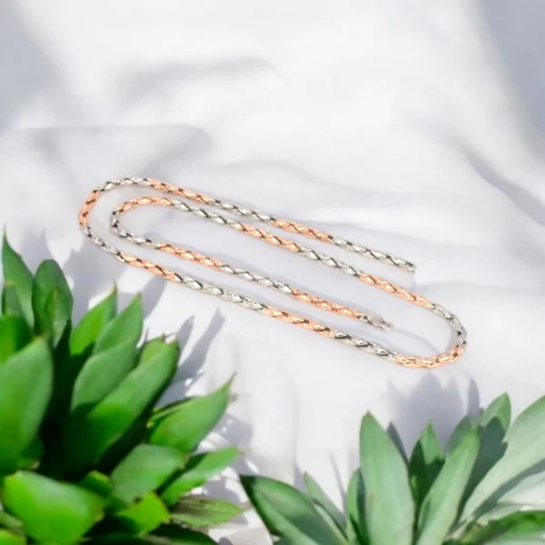 Full length view with locking mechanism display of Intricate Dual-Tone Woven Chain Rose Gold and Silver Finish