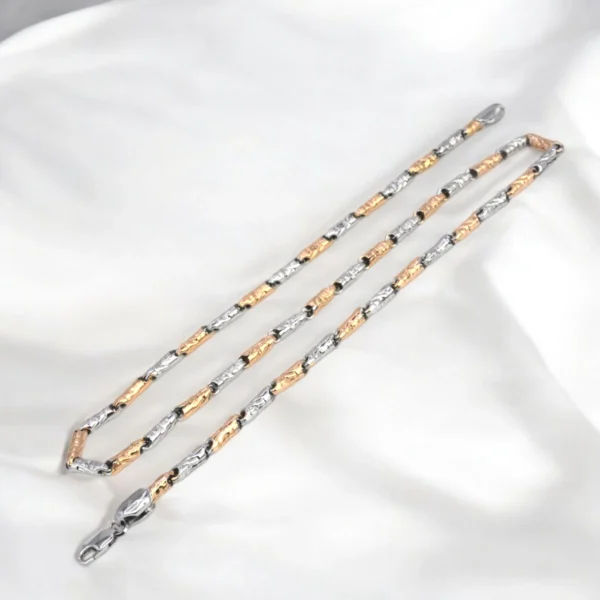 Full length view of Textured Dual-Tone Barrel Link Chain Rose Gold Silver Finish