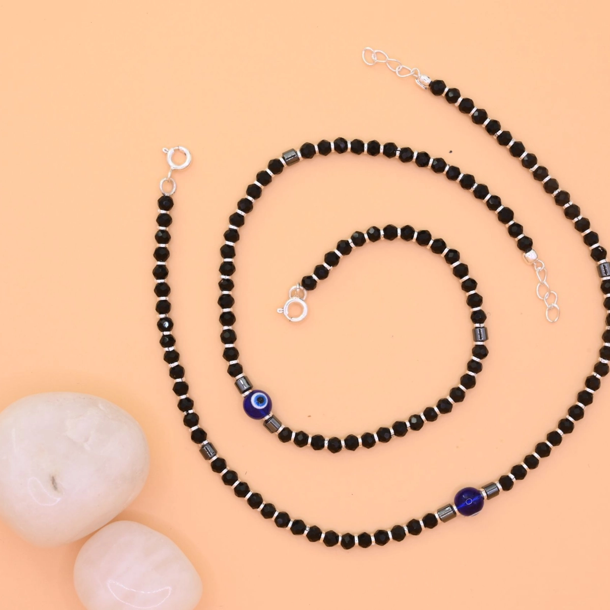 Minimalist Black Bead Evil Eye Anklets – 925 Silver 3 Full length view with locking mechanism on display of Minimalist Black Bead Evil Eye Anklets 925 Silver