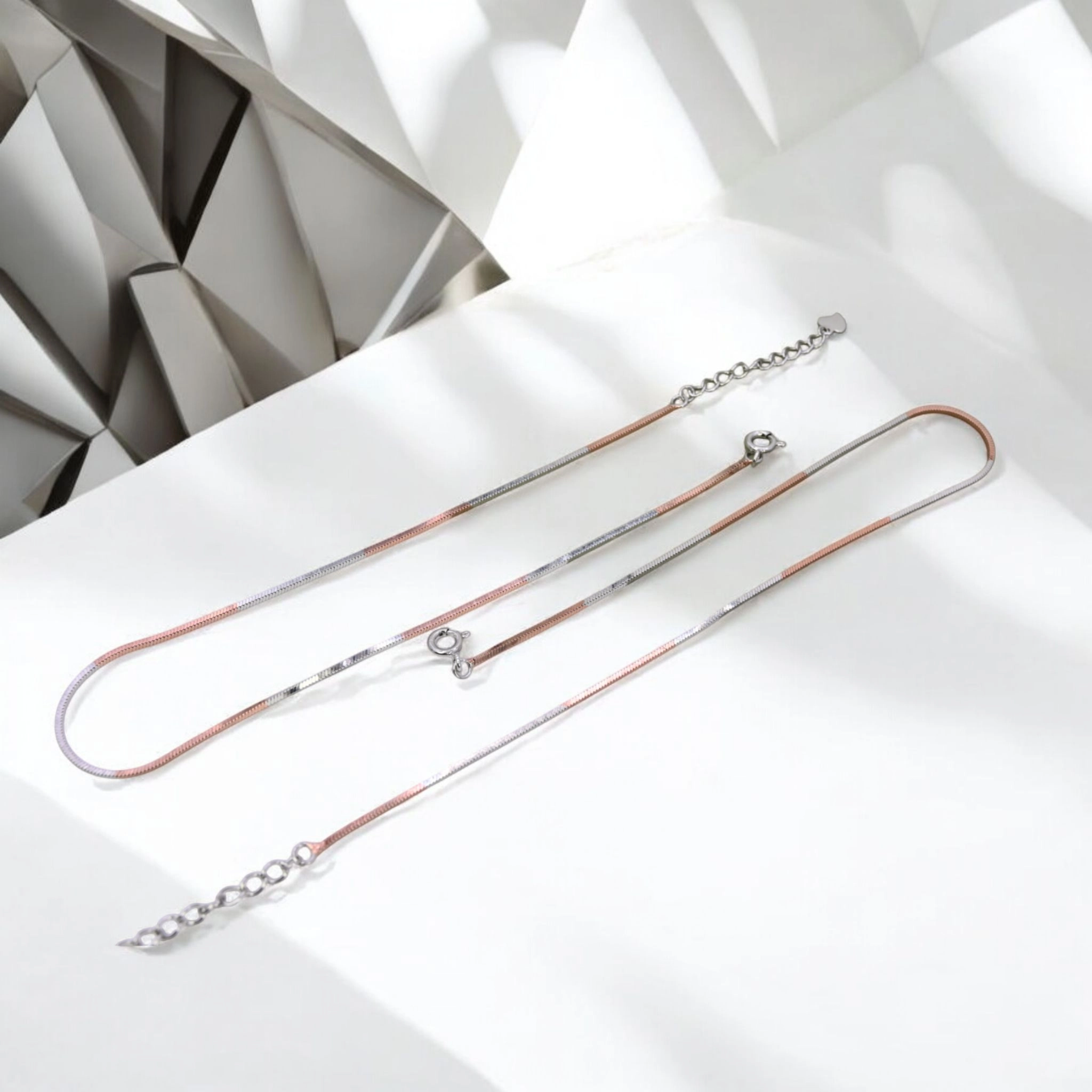 Rose Gold and Silver Dual-Tone Snake Chain Anklets – 925 Silver 2 Full length view with locking mechanism on display of Rose Gold and Silver Dual-Tone Snake Chain Anklets 925 Silver