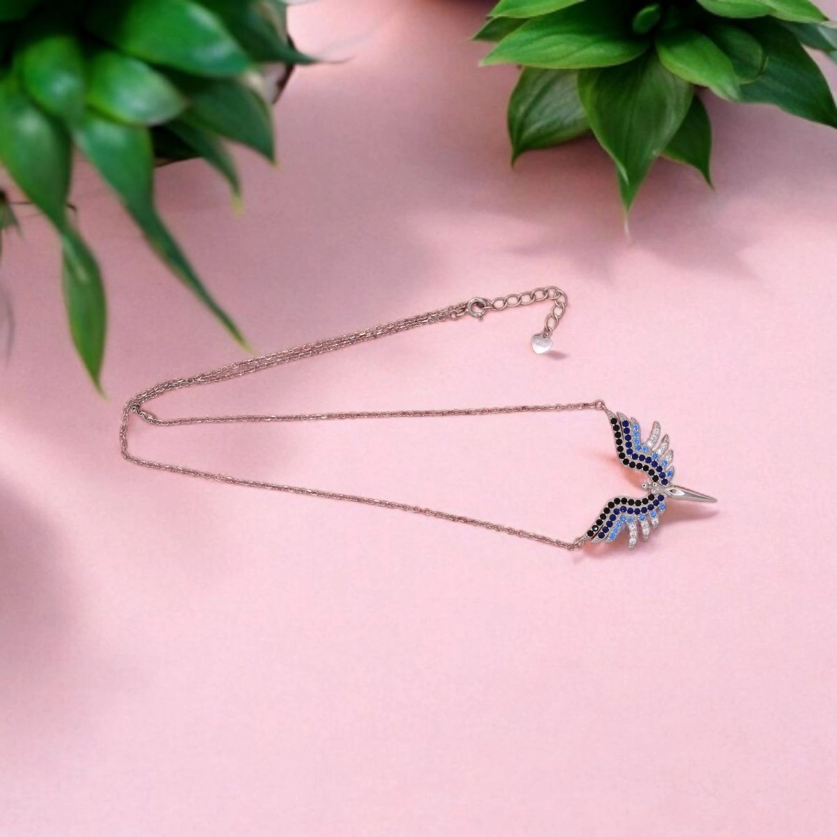 Majestic Pave CZ Phoenix Necklace – 925 Silver 3 Full length view with pendant, chain and locking mechanism of Majestic Pave CZ Phoenix Necklace 925 Silver