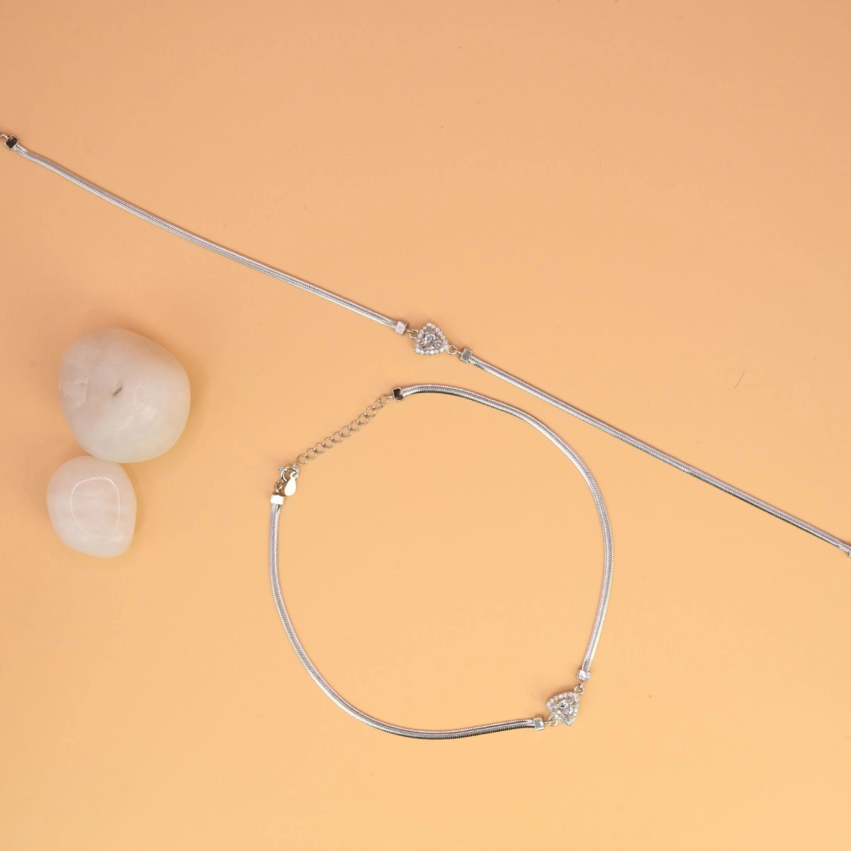 Sparkling CZ Heart Herringbone Anklets – 925 Silver 4 Full length view with locking mechanism on display of Sparkling CZ Heart Herringbone Anklets 925 Silver