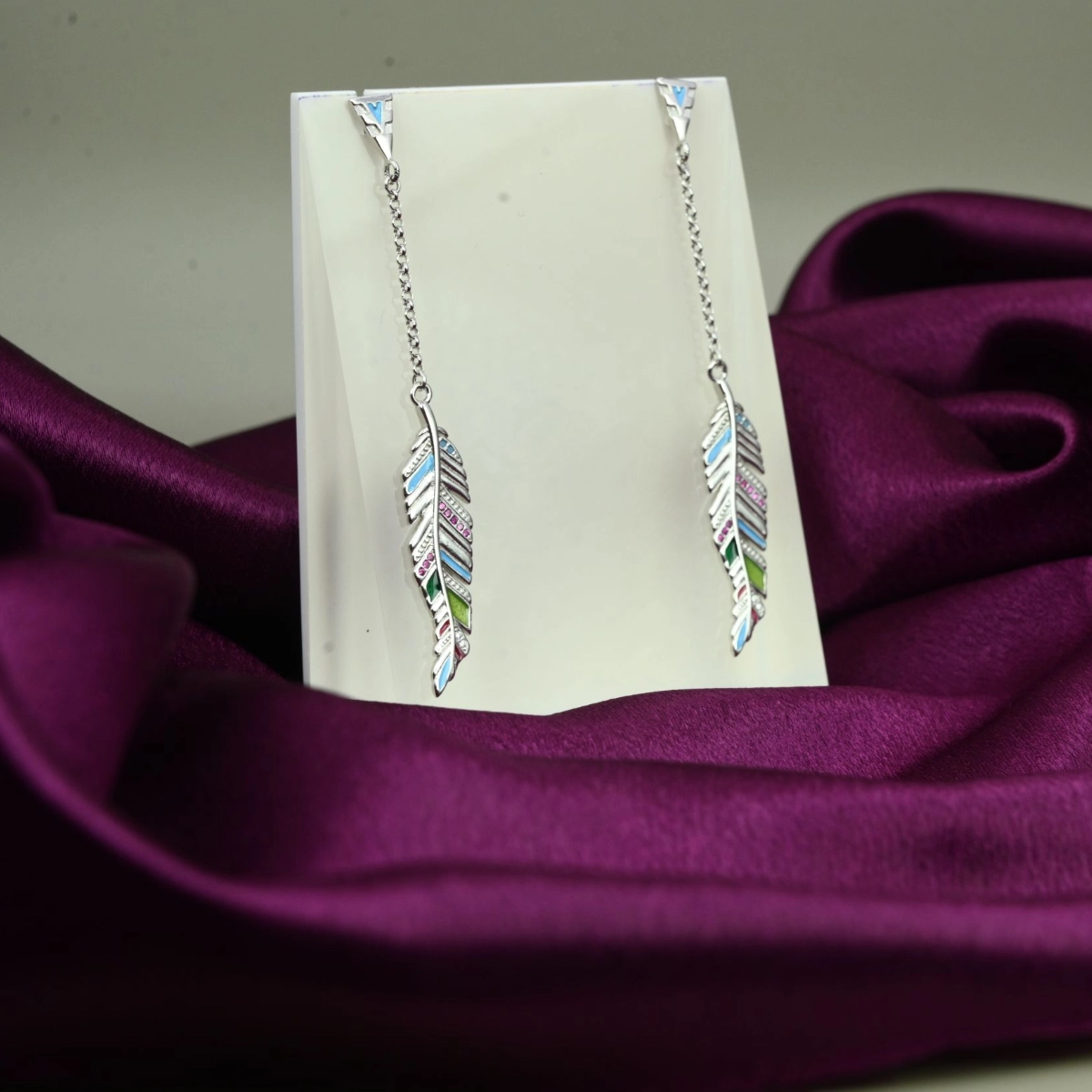 Bohemian Multi-Color Leaf Drop Earrings – 925 Silver 2 Hanging view of Bohemian Multi-Color Leaf Drop Earrings 925 Silver