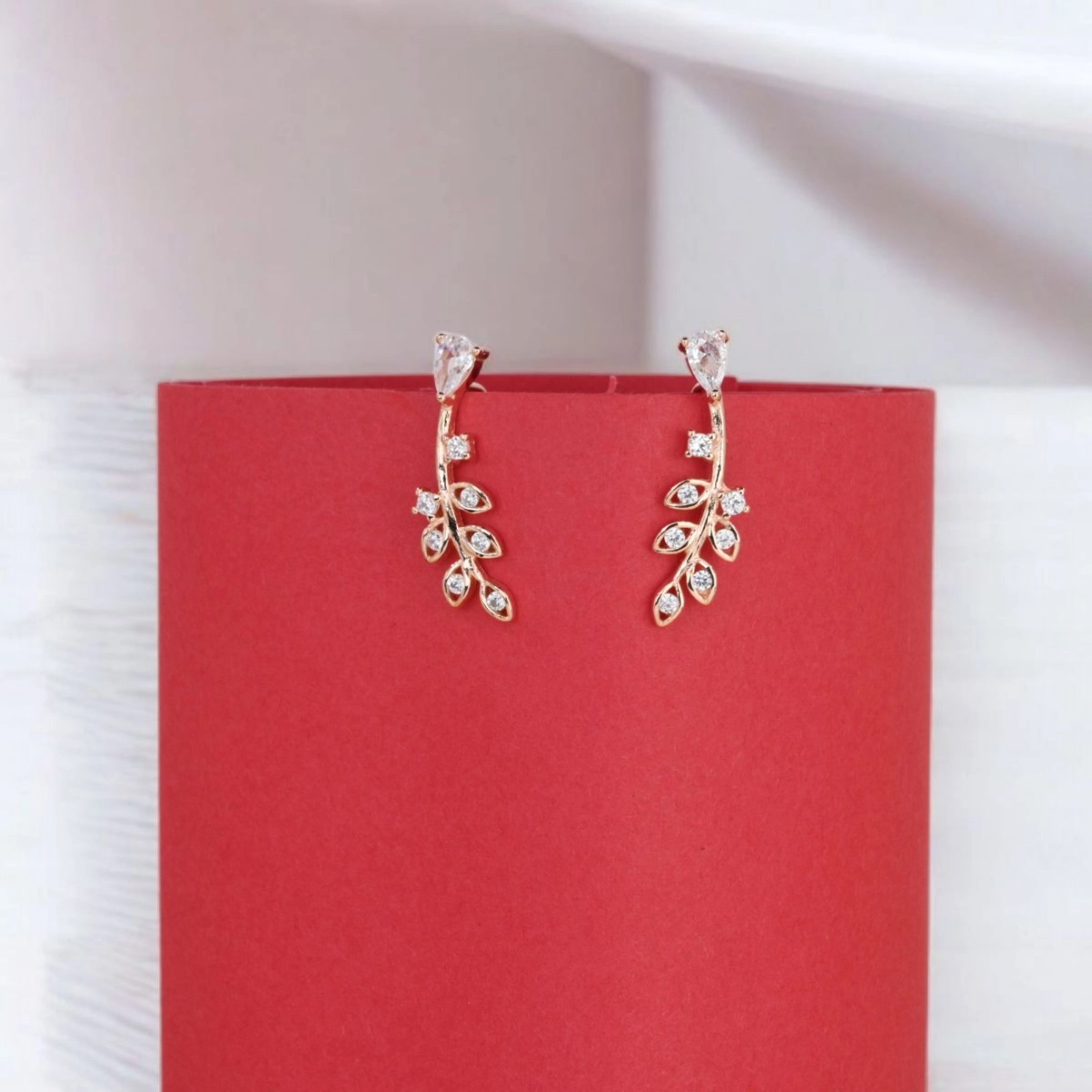 Rose Gold Leaf Climber Earrings – 925 Silver 3 Hanging view of Rose Gold Leaf Climber Earrings 925 Silver