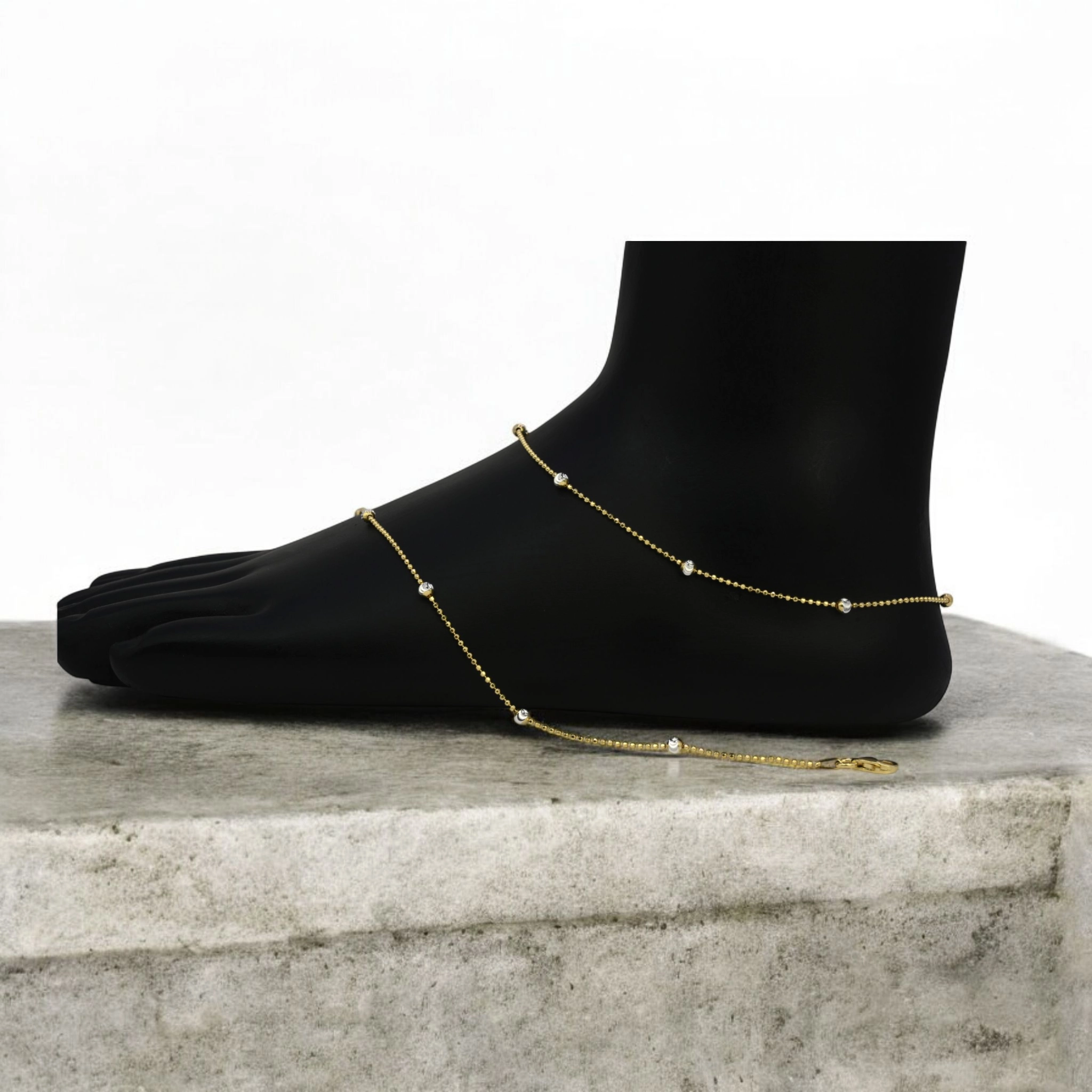 Elegant Dual-Tone Ball Station Anklets – 925 Silver 2 Mannequin leg display of Elegant Dual-Tone Ball Station Anklets 925 Silver