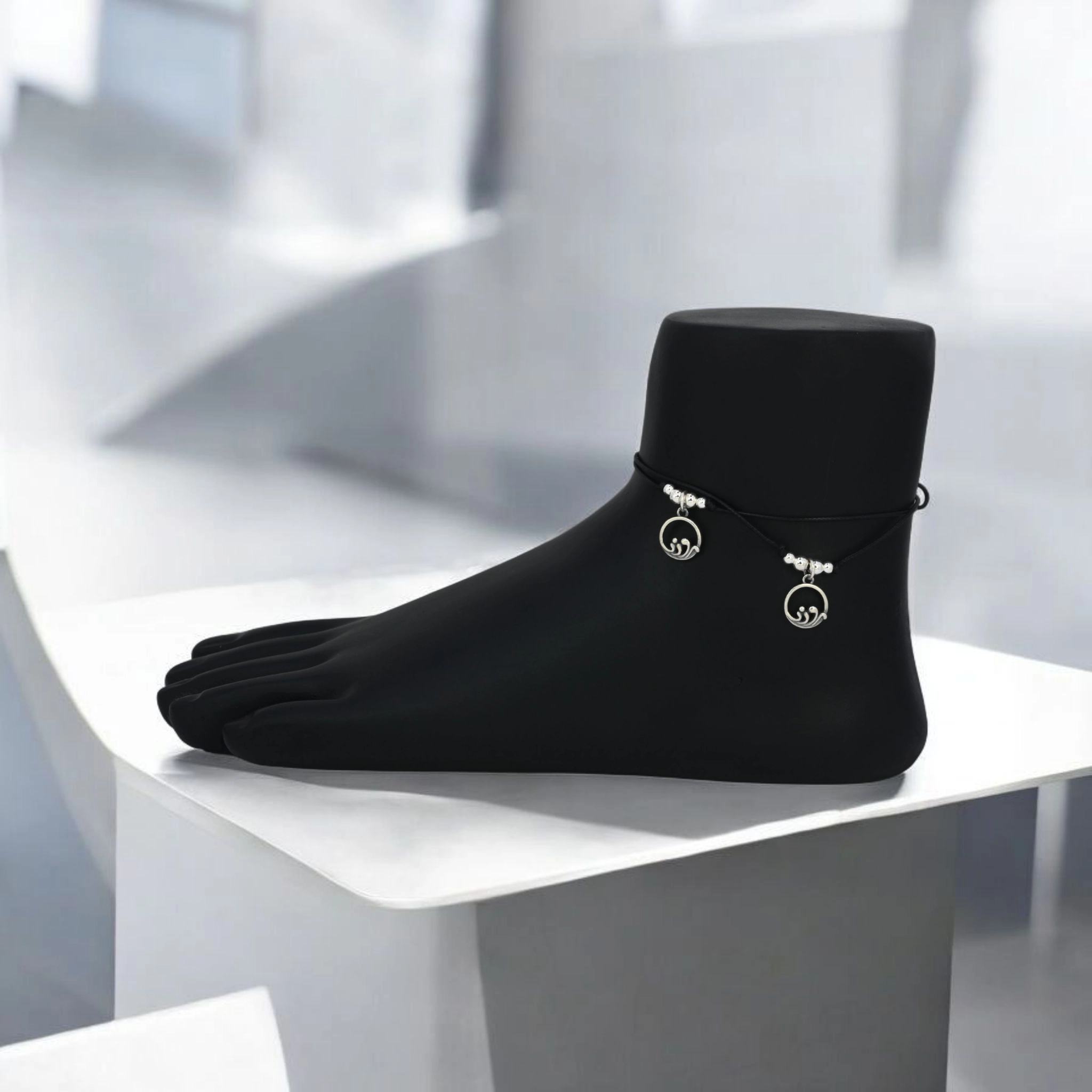 Meaningful Family Bond Anklets – 925 Silver 2 Mannequin leg with anklet on display of Meaningful Family Bond Anklets 925 Silver