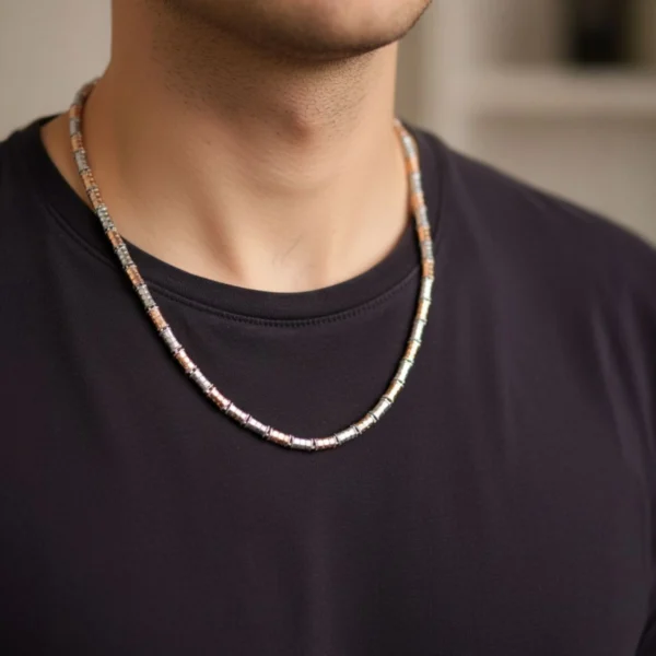 Model wearing Artistic Dual-Tone Mosaic Chain Rose Gold and Silver