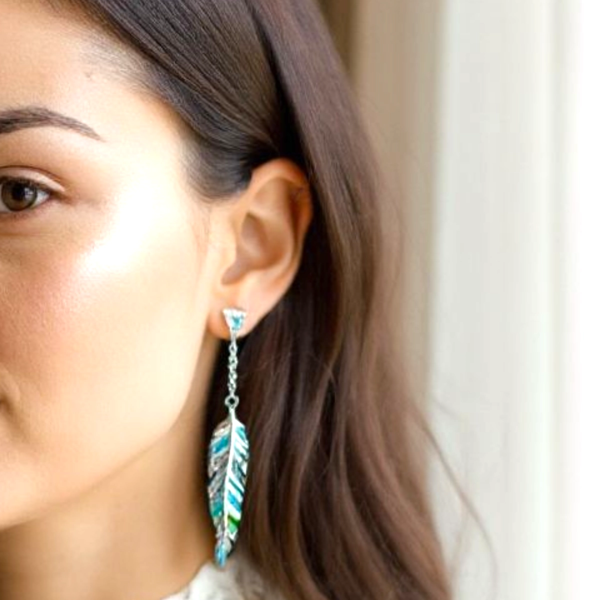 Bohemian Multi-Color Leaf Drop Earrings – 925 Silver 3 Model wearing Bohemian Multi-Color Leaf Drop Earrings 925 Silver