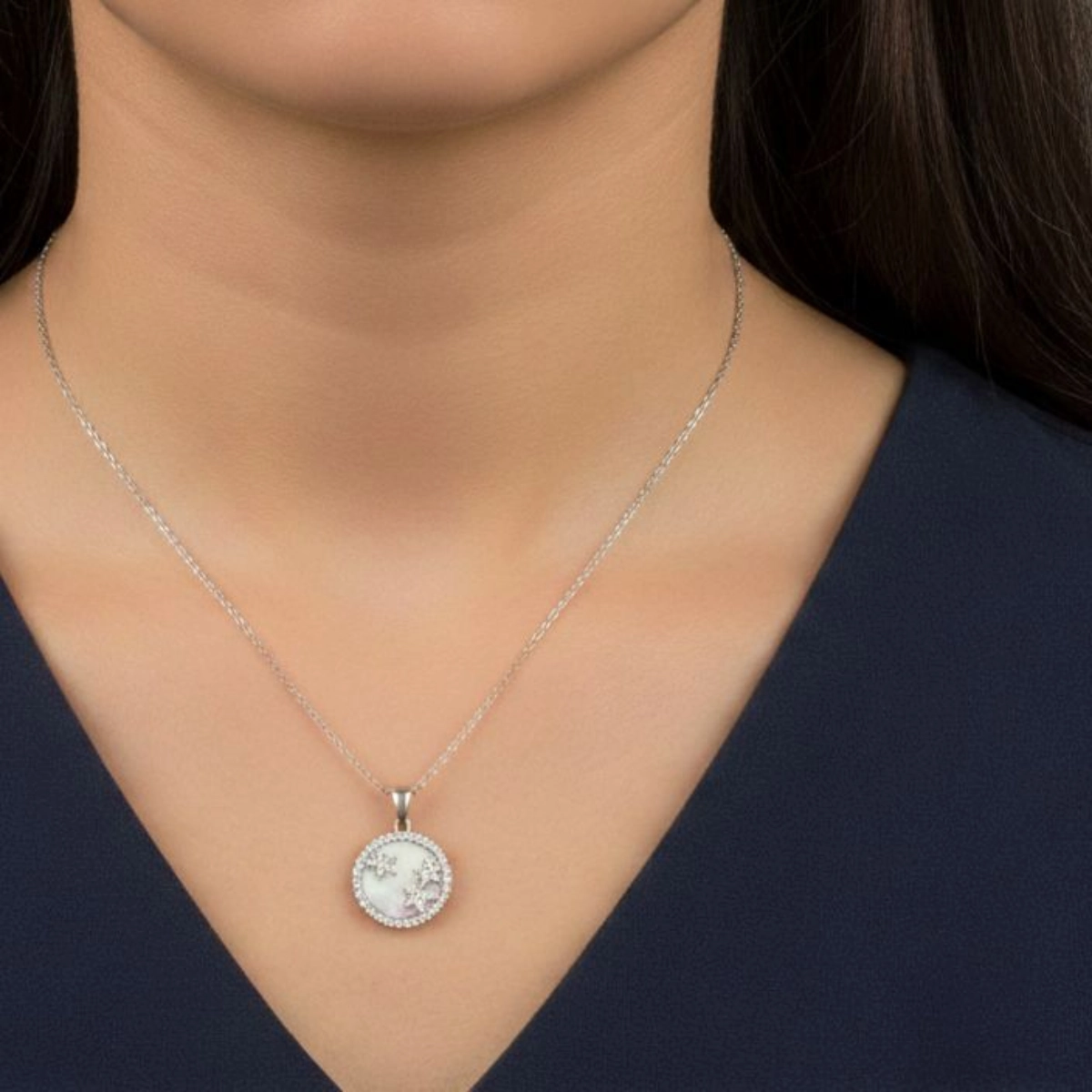 Celestial Starry Night MOP CZ Necklace – 925 Silver 3 Model wearing Celestial Starry Night MOP CZ Necklace 925 Silver