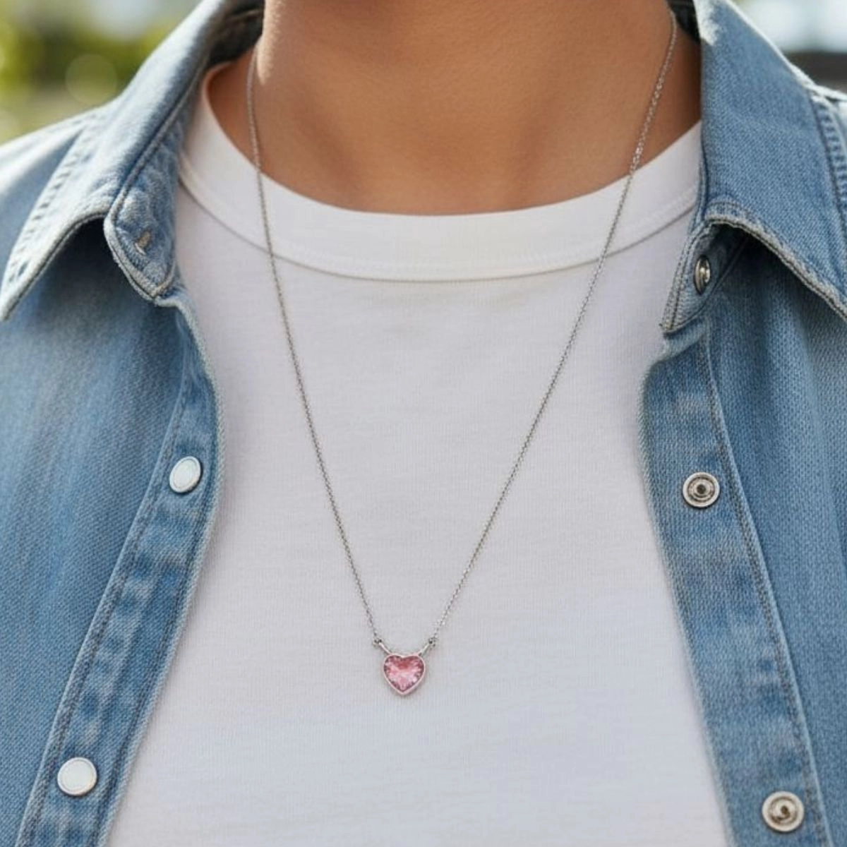 Dainty Pink Heart Solitaire Necklace – 925 Silver 3 Model wearing Dainty Pink Heart Solitaire Necklace 925 Silver