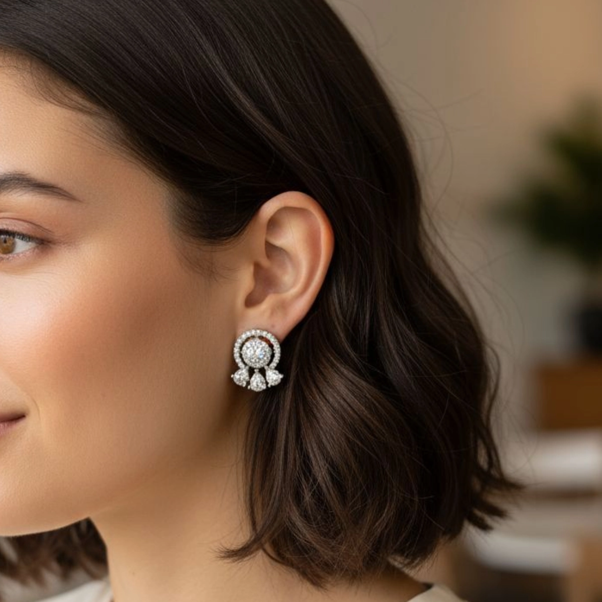 Dazzling Pear-Cut Cluster Stud Earrings – 925 Silver 4 Model wearing Dazzling Pear-Cut Cluster Stud Earrings 925 Silver