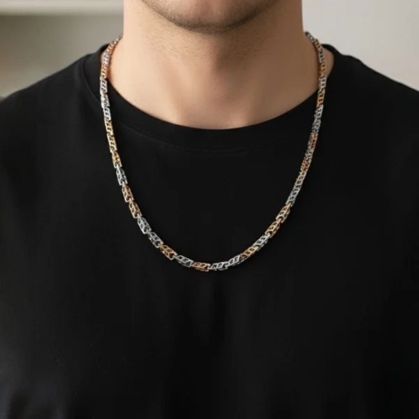 Model wearing Dual-Tone Byzantine Weave Chain Rose Gold and Silver