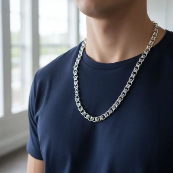 Model wearing Intricate Bismark Link Statement Chain 925 Silver