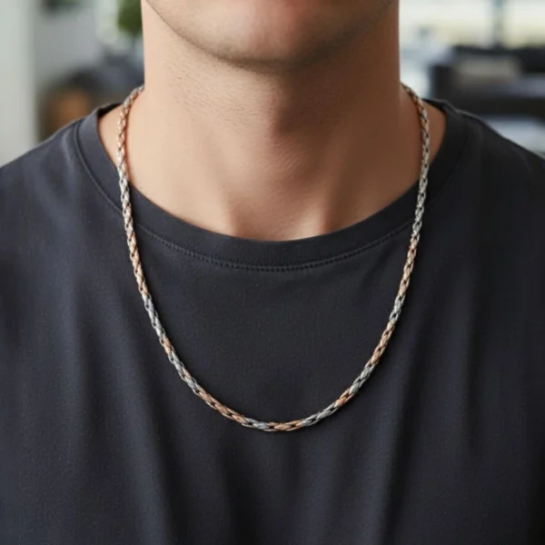 Model wearing Intricate Dual-Tone Woven Chain Rose Gold and Silver Finish