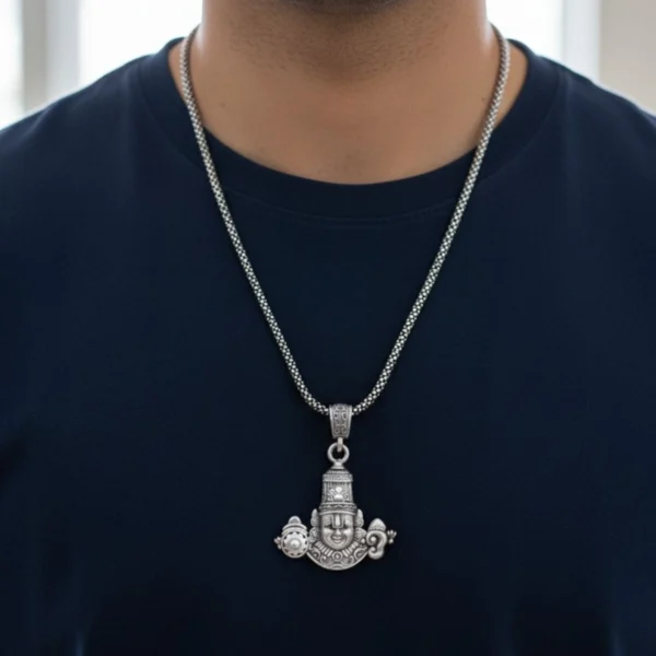 Model wearing Intricate Lord Balaji Locket with Popcorn Chain 925 Silver