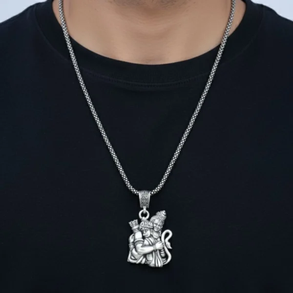 Model wearing Lord Ram and Hanuman Locket with Popcorn Chain 925 Silver