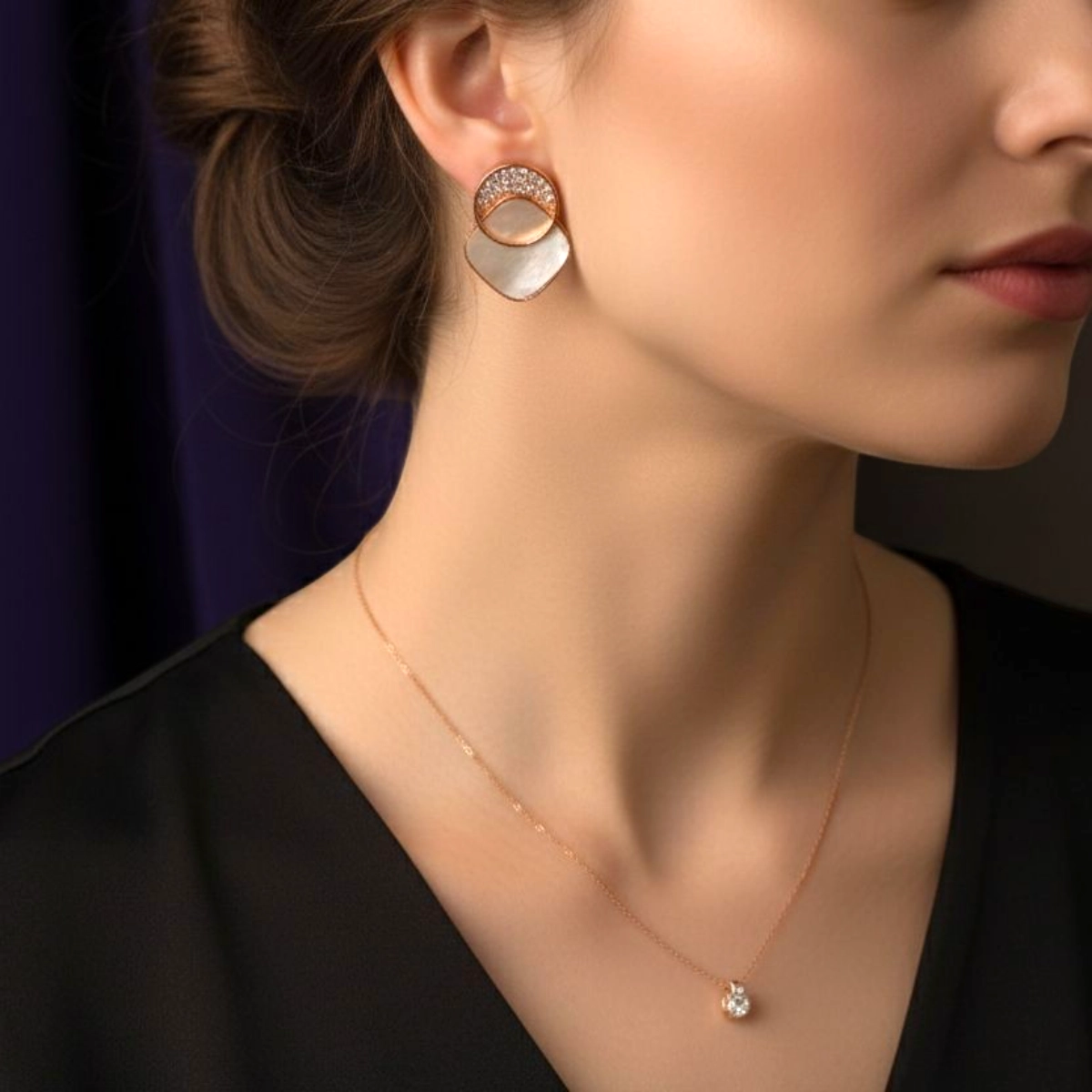 Luminous Rose Gold Mother of Pearl Stud Earrings – 925 Silver 3 Model wearing Luminous Rose Gold Mother of Pearl Stud Earrings 925 Silver