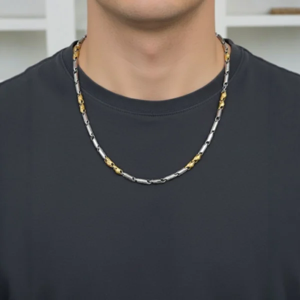 Model wearing Modern Dual-Tone Statement Chain 925 Silver and Gold Finish