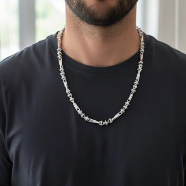 Model wearing Modern Textured Bar and Ring Chain 925 Silver