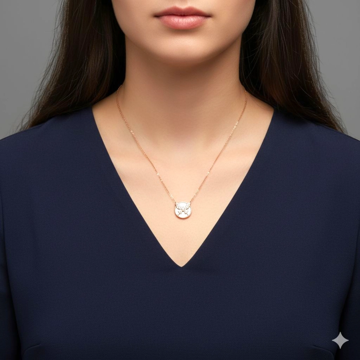 Rose Gold Butterfly Mother of Pearl Necklace – 925 Silver 3 Model wearing Rose Gold Butterfly Mother of Pearl Necklace 925 Silver