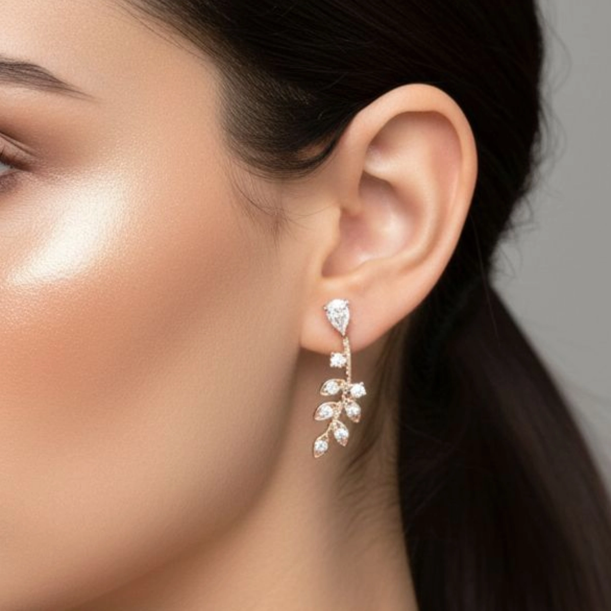 Rose Gold Leaf Climber Earrings – 925 Silver 4 Model wearing Rose Gold Leaf Climber Earrings 925 Silver