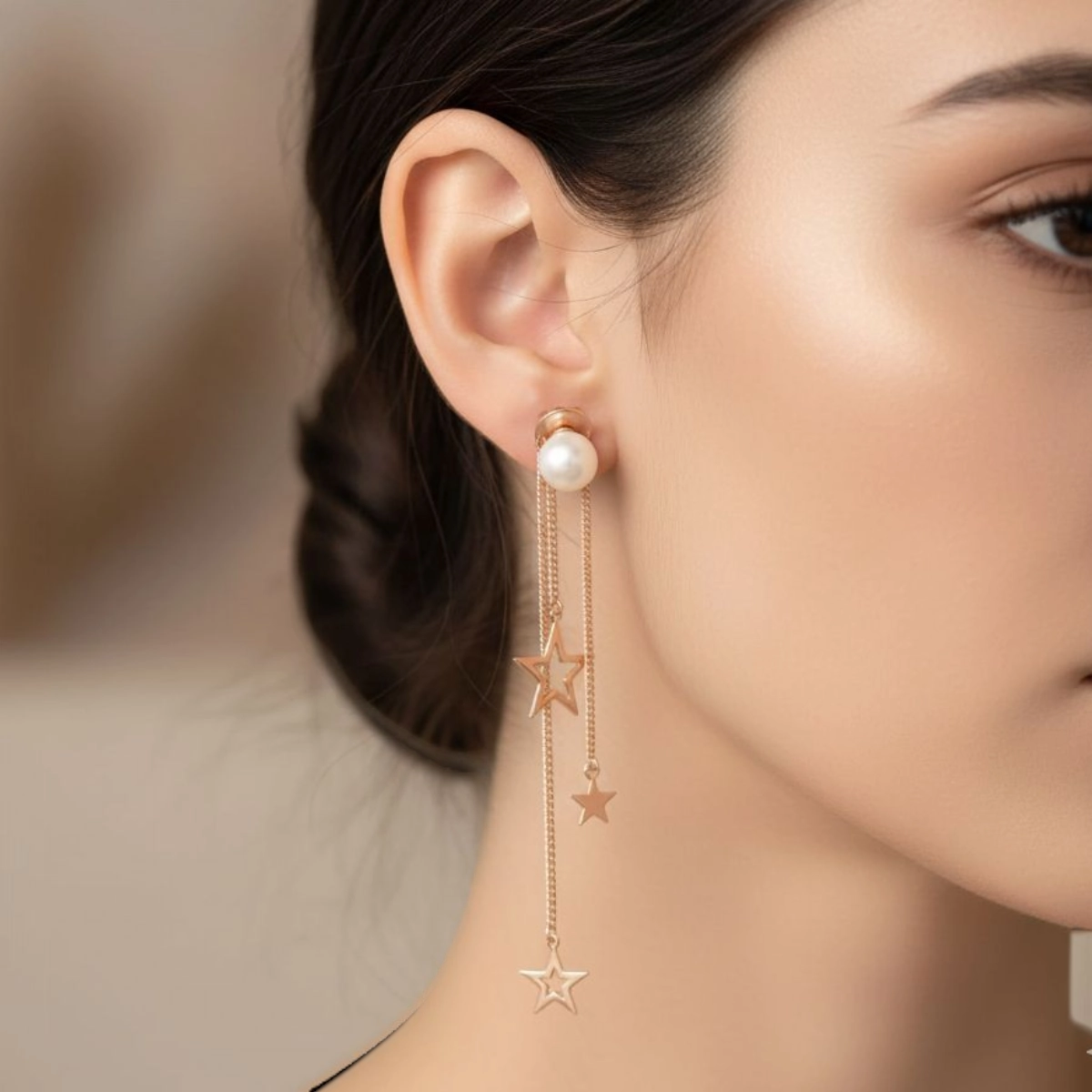 Rose Gold Pearl Star Chain Drop Earrings – 925 Silver 4 Model wearing Rose Gold Pearl Star Chain Drop Earrings 925 Silver