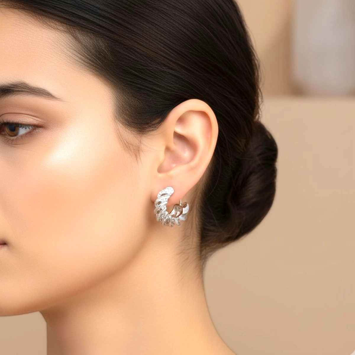 Sculptural Pave Huggie Hoop Earrings – 925 Silver 4 Model wearing Sculptural Pave Huggie Hoop Earrings 925 Silver