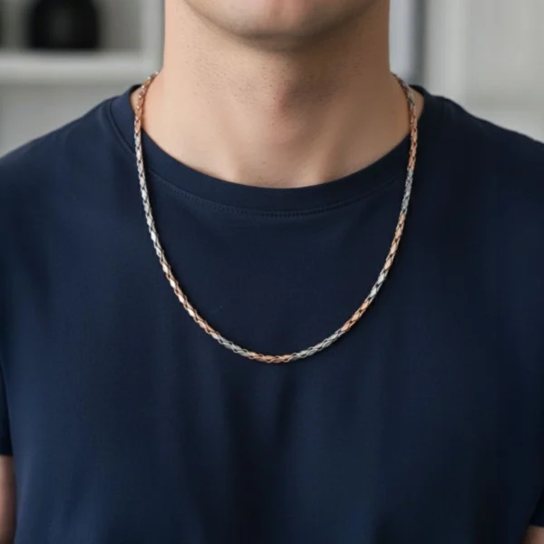 Model wearing Sleek Dual-Tone Kaju Katli Chain 925 Silver