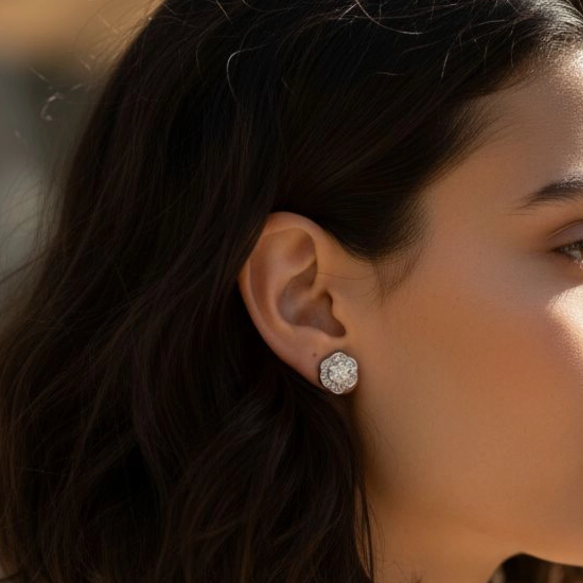 Sparkling Baguette Flower Cluster Stud Earrings – 925 Silver 4 Model wearing Sparkling Baguette Flower Cluster Stud Earrings 925 Silver