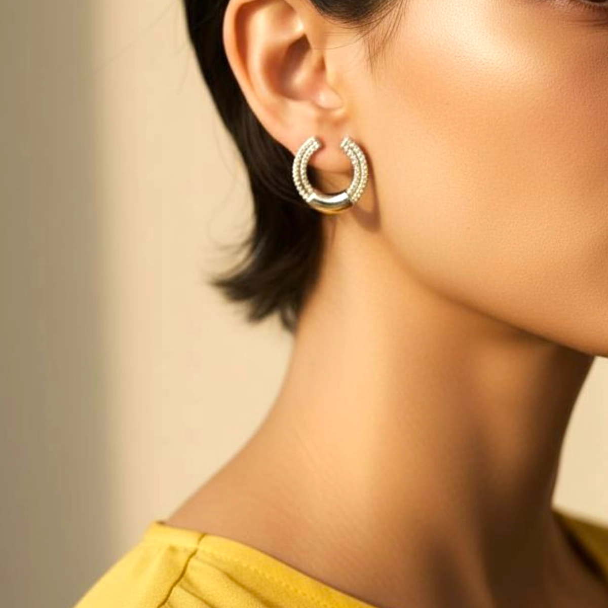 Sparkling CZ Pave Huggie Hoop Earrings – 925 Silver 4 Model wearing Sparkling CZ Pave Huggie Hoop Earrings 925 Silver