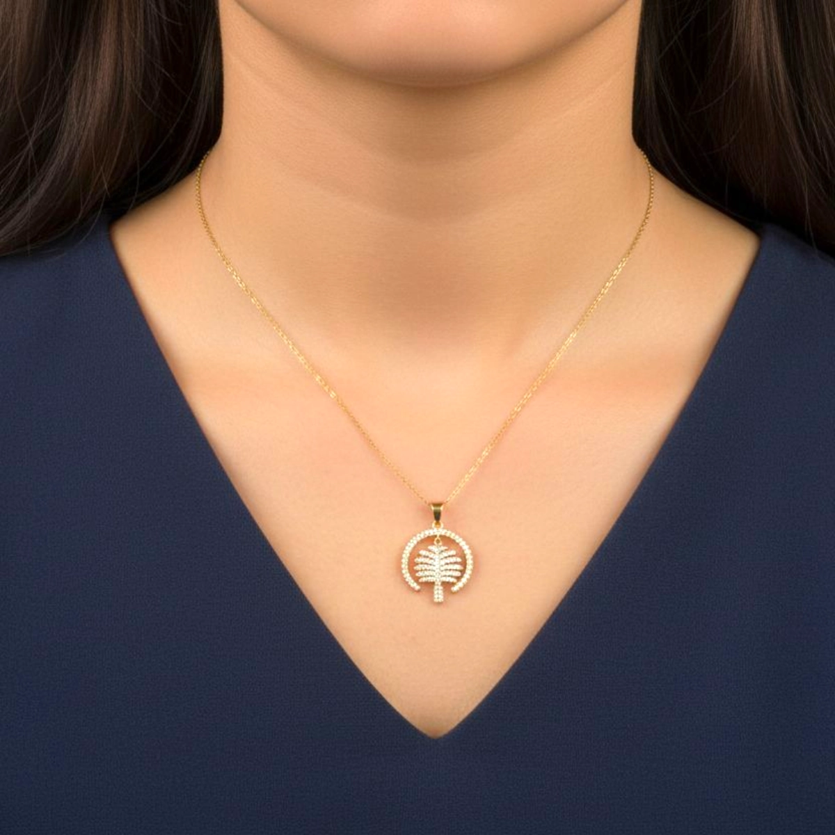 Sparkling Pave CZ Tree of Life Necklace – Gold Polish 925 Silver 2 Model wearing Sparkling Pave CZ Tree of Life Necklace Gold Polish 925 Silver
