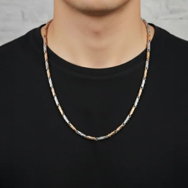 Model wearing Textured Dual-Tone Barrel Link Chain Rose Gold Silver Finish