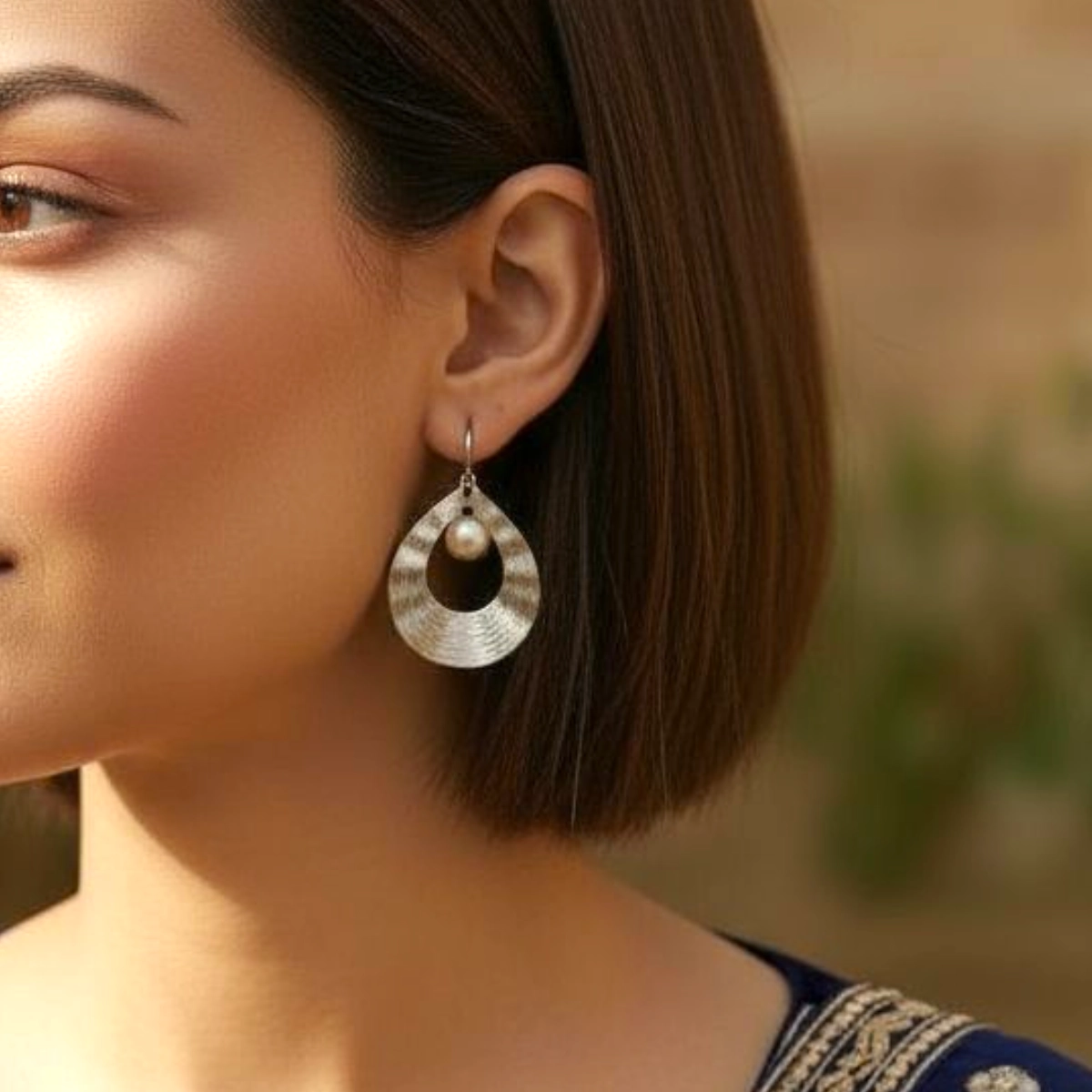 Textured Woven Teardrop Drop Earrings – 925 Silver 2 Model wearing Textured Woven Teardrop Drop Earrings 925 Silver