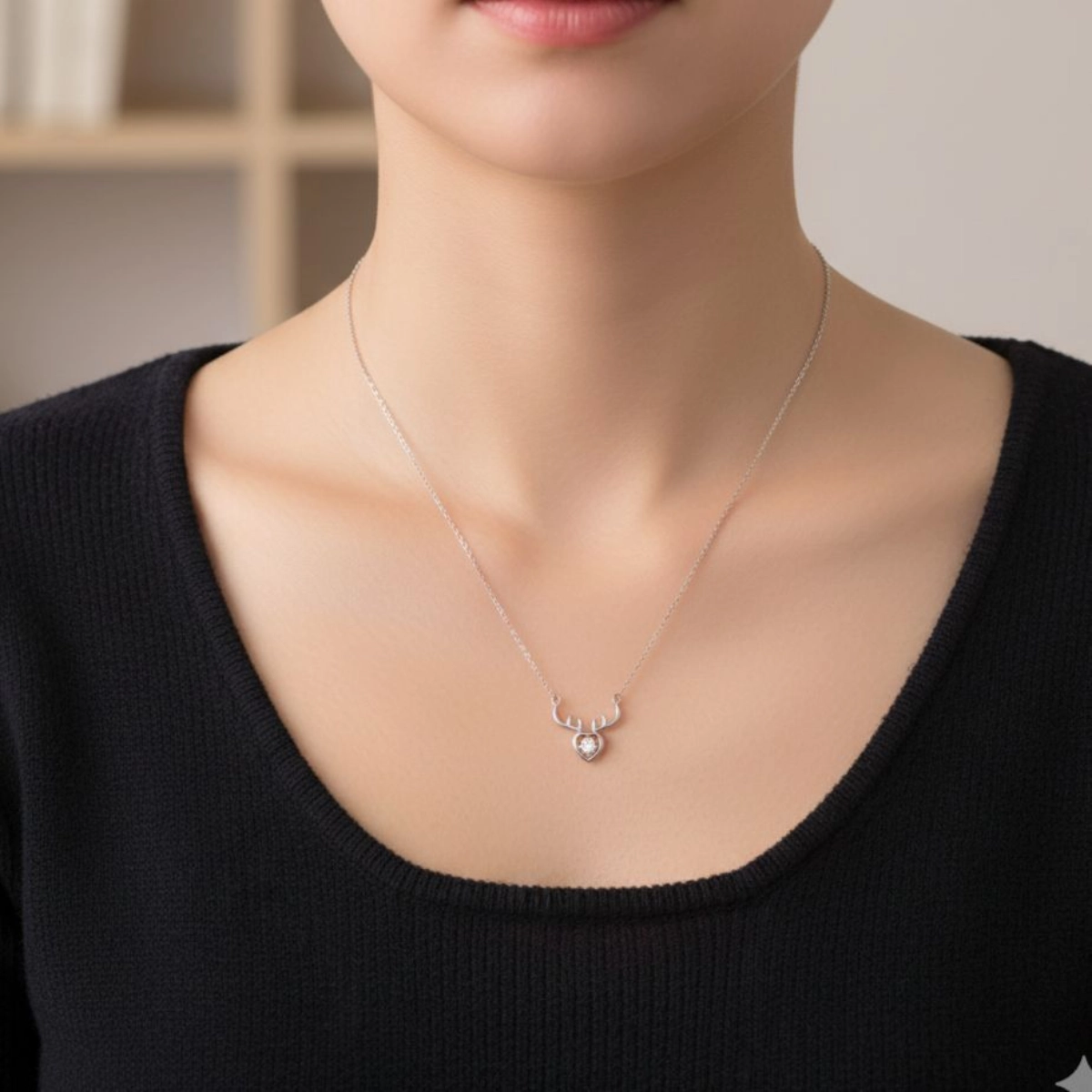 Dancing Stone Reindeer Antler Necklace – 925 Silver 4 Model wearing dancing Stone Reindeer Antler Necklace 925 Silver