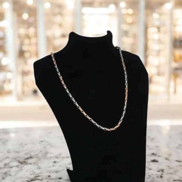 On bust display of Intricate Dual-Tone Woven Chain Rose Gold and Silver Finish
