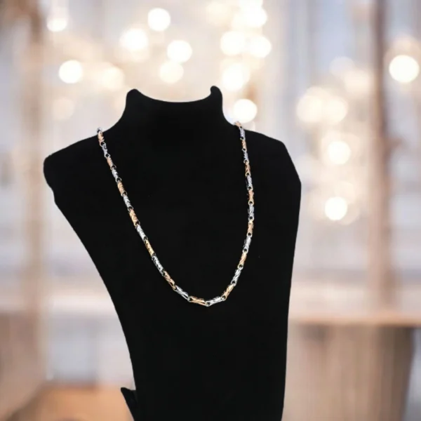 On bust display of Textured Dual-Tone Barrel Link Chain Rose Gold Silver Finish