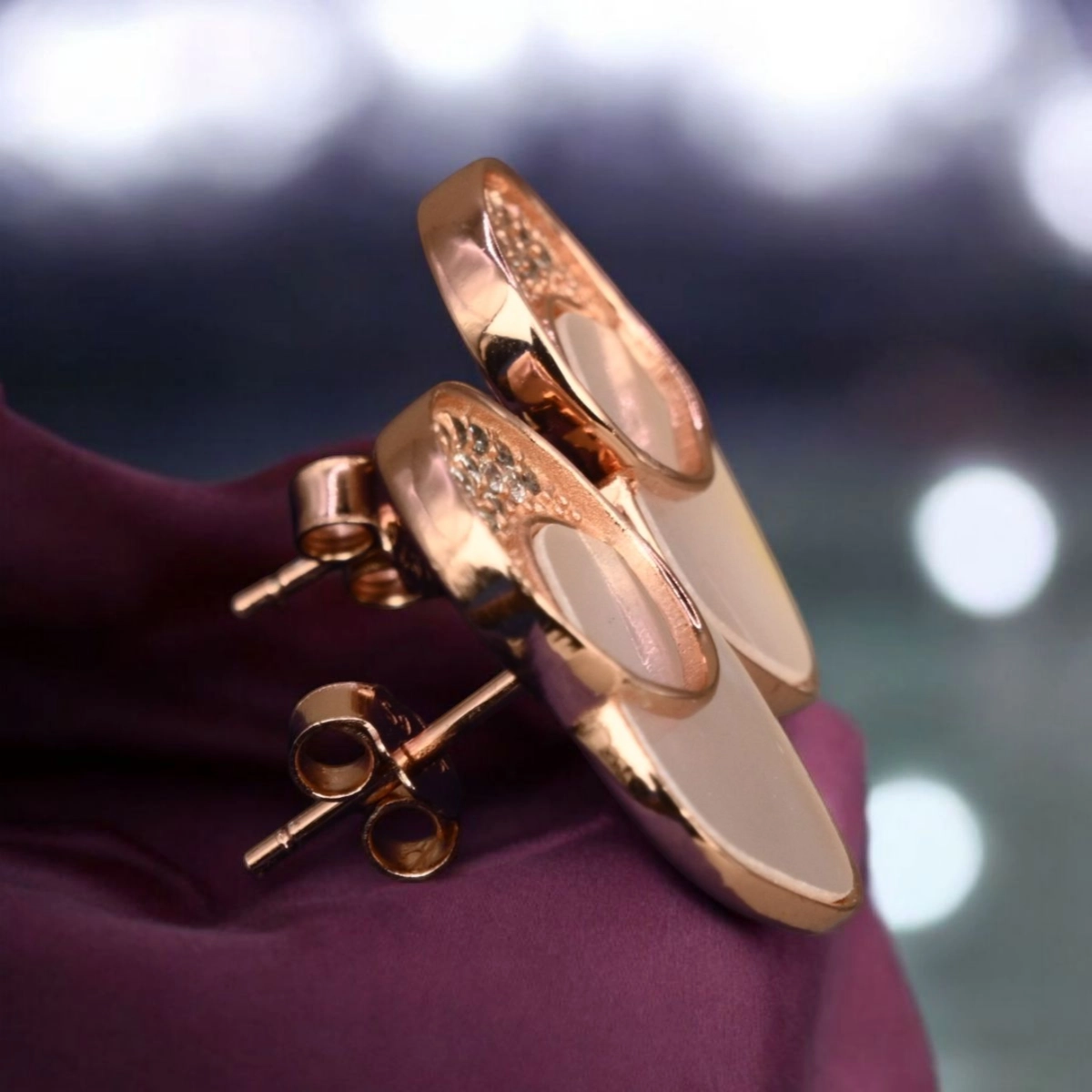 Luminous Rose Gold Mother of Pearl Stud Earrings – 925 Silver 2 Side view of Luminous Rose Gold Mother of Pearl Stud Earrings 925 Silver