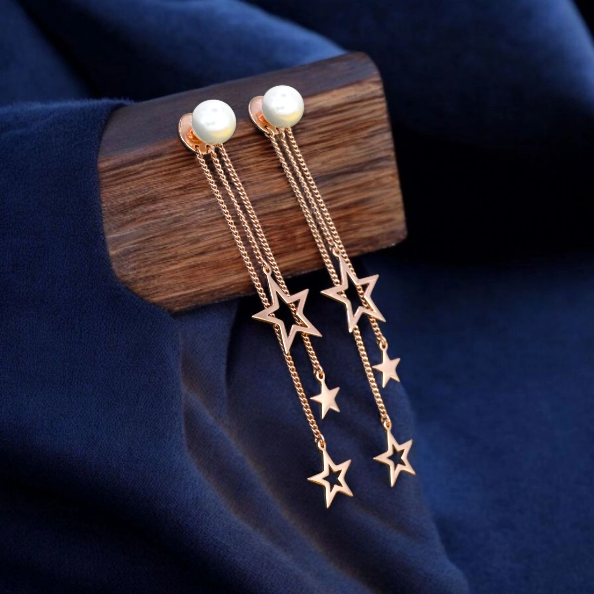 Rose Gold Pearl Star Chain Drop Earrings – 925 Silver 2 Side view of Rose Gold Pearl Star Chain Drop Earrings 925 Silver