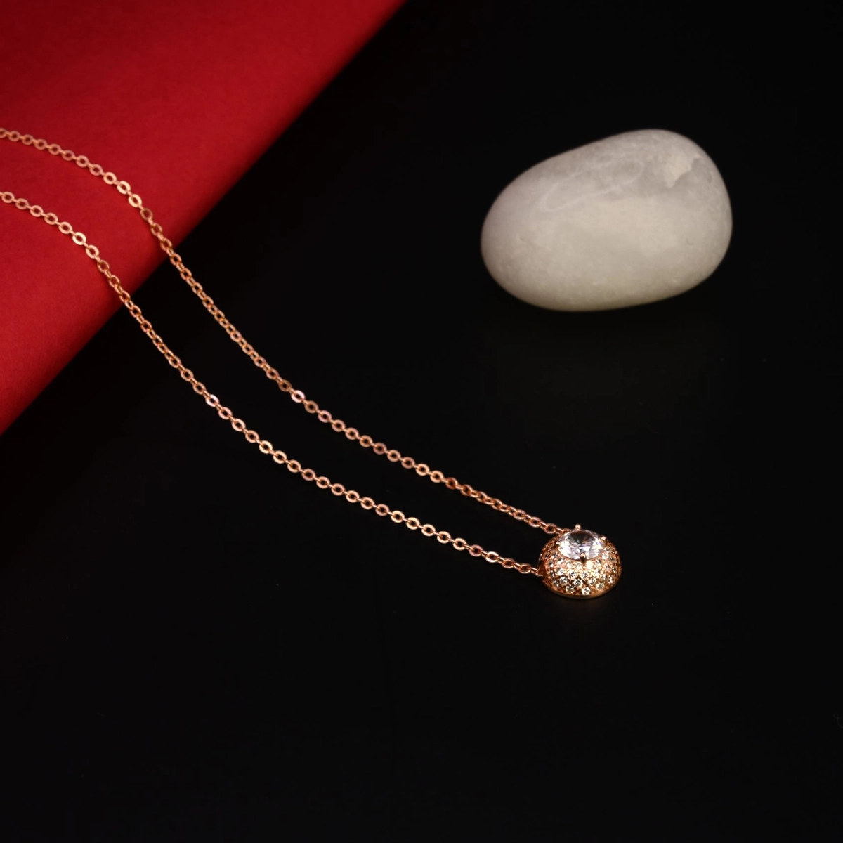 Sparkling Rose Gold Pave Ball Necklace – 925 Silver 2 Side view of Sparkling Rose Gold Pave Ball Necklace 925 Silver